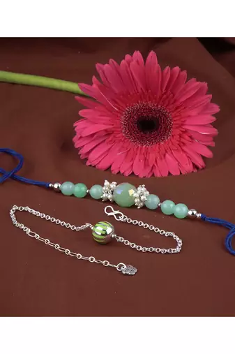 Handmade combo rakhis with semi-precious mint green bead, pearl & green silver plated bead set for brother