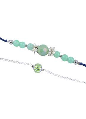 Handmade combo rakhis with semi-precious mint green bead, pearl & green silver plated bead set for brother 4