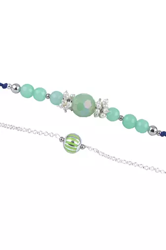 Handmade combo rakhis with semi-precious mint green bead, pearl & green silver plated bead set for brother