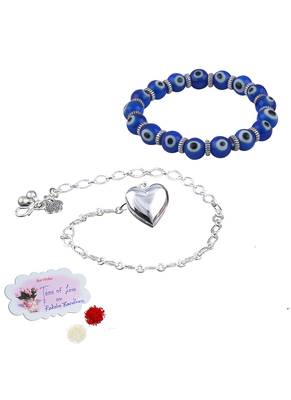 Handmade rakhi combo couple pair silver plated heart charm rakhi and blue evil eye unisex stretchable bracelet 1