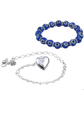Handmade rakhi combo couple pair silver plated heart charm rakhi and blue evil eye unisex stretchable bracelet 2