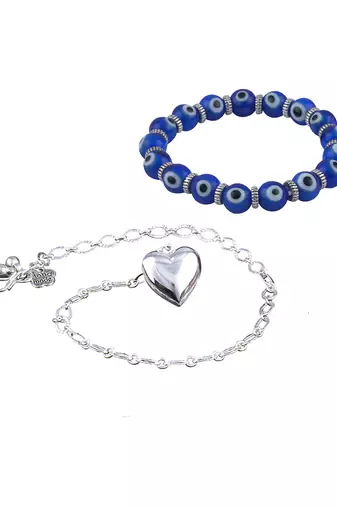 Handmade rakhi combo couple pair silver plated heart charm rakhi and blue evil eye unisex stretchable bracelet