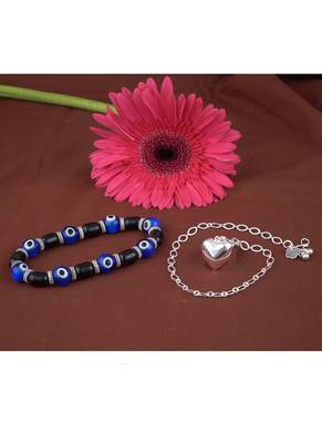 Handmade rakhi combo couple pair silver plated heart charm rakhi and blue evil eye unisex stretchable bracelet 4