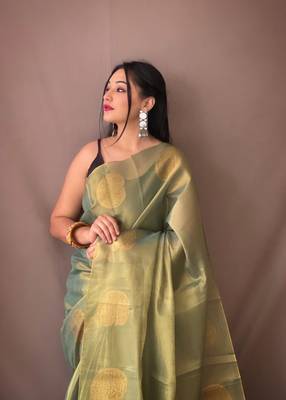 Sea Green Tissue Silk Zari weaving Thread work saree with Blouse 1