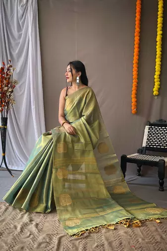 Sea Green Tissue Silk Zari weaving Thread work saree with Blouse