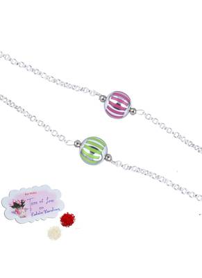 Handmade combo of 2 beaded rakhis pink & green with silver chain for brother 1