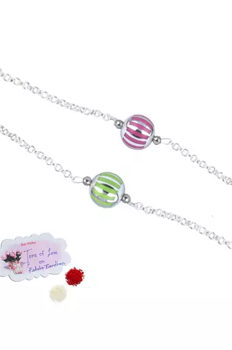 Handmade combo of 2 beaded rakhis pink & green with silver chain for brother