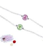 Handmade combo of 2 beaded rakhis pink & green with silver chain for brother