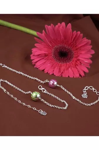 Handmade combo of 2 beaded rakhis pink & green with silver chain for brother