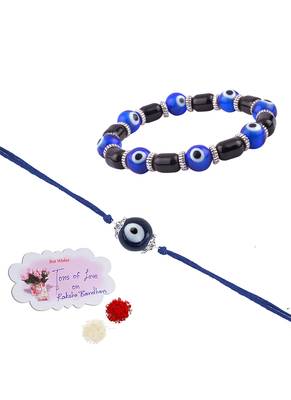 Handmade rakhi combo couple pair blue evil eye rakhi & unisex bracelet silver plated for bhaiya bhabhi 1