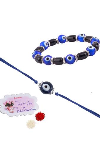 Handmade rakhi combo couple pair blue evil eye rakhi & unisex bracelet silver plated for bhaiya bhabhi