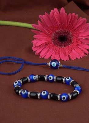 Handmade rakhi combo couple pair blue evil eye rakhi & unisex bracelet silver plated for bhaiya bhabhi 2