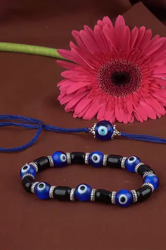 Handmade rakhi combo couple pair blue evil eye rakhi & unisex bracelet silver plated for bhaiya bhabhi