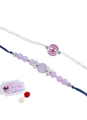 Handmade combo rakhis with semi-precious lavender onyx bead, pearl & purple silver plated bead set for brother 1