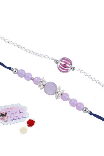 Handmade combo rakhis with semi-precious lavender onyx bead, pearl & purple silver plated bead set for brother