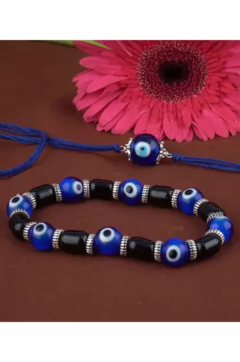 Handmade rakhi combo couple pair blue evil eye rakhi & unisex bracelet silver plated for bhaiya bhabhi