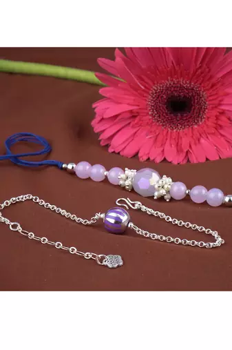 Handmade combo rakhis with semi-precious lavender onyx bead, pearl & purple silver plated bead set for brother