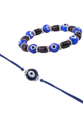 Handmade rakhi combo couple pair blue evil eye rakhi & unisex bracelet silver plated for bhaiya bhabhi 4