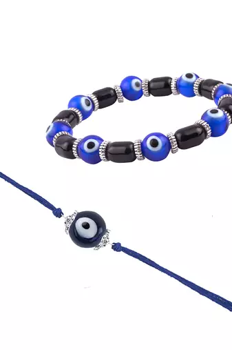 Handmade rakhi combo couple pair blue evil eye rakhi & unisex bracelet silver plated for bhaiya bhabhi