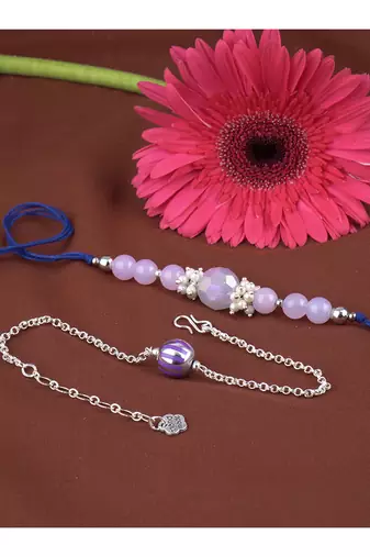 Handmade combo rakhis with semi-precious lavender onyx bead, pearl & purple silver plated bead set for brother