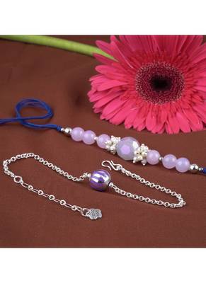 Handmade combo rakhis with semi-precious lavender onyx bead, pearl & purple silver plated bead set for brother 4
