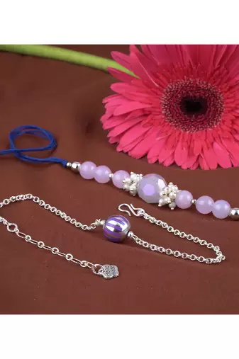 Handmade combo rakhis with semi-precious lavender onyx bead, pearl & purple silver plated bead set for brother
