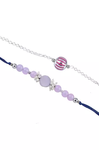 Handmade combo rakhis with semi-precious lavender onyx bead, pearl & purple silver plated bead set for brother