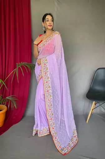 Purple Sequance work Emboirdary border saree with Blouse