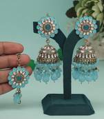 Sky blue color kundan earrings with maang tikka