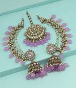 Light purple color kundan earrings with maang tikka