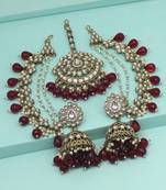 Maroon color kundan earrings with maang tikka