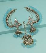 Sky blue color kundan earrings with maang tikka