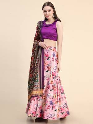 Purple Digital Printed Satin Silk Lehenga Choli Set With Dupatta 1