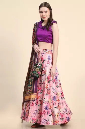 Purple Digital Printed Satin Silk Lehenga Choli Set With Dupatta
