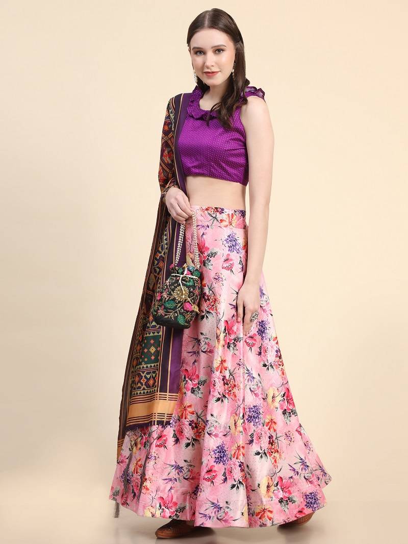 Purple Digital Printed Satin Silk Lehenga Choli Set With Dupatta