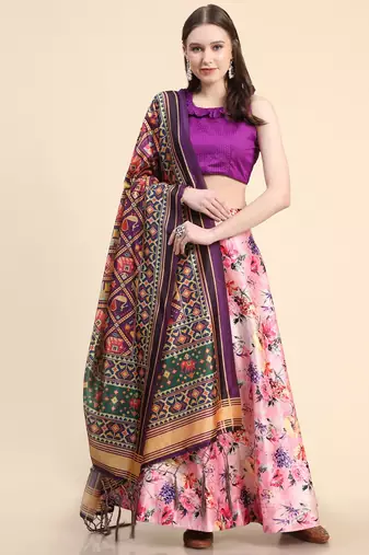 Purple Digital Printed Satin Silk Lehenga Choli Set With Dupatta