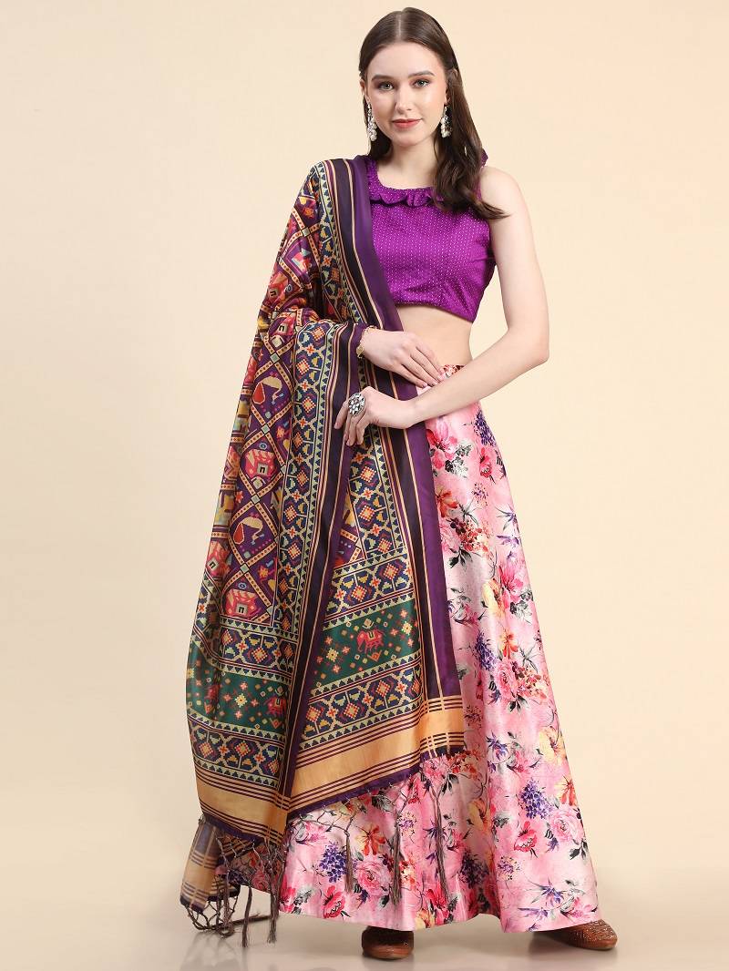 Purple Digital Printed Satin Silk Lehenga Choli Set With Dupatta