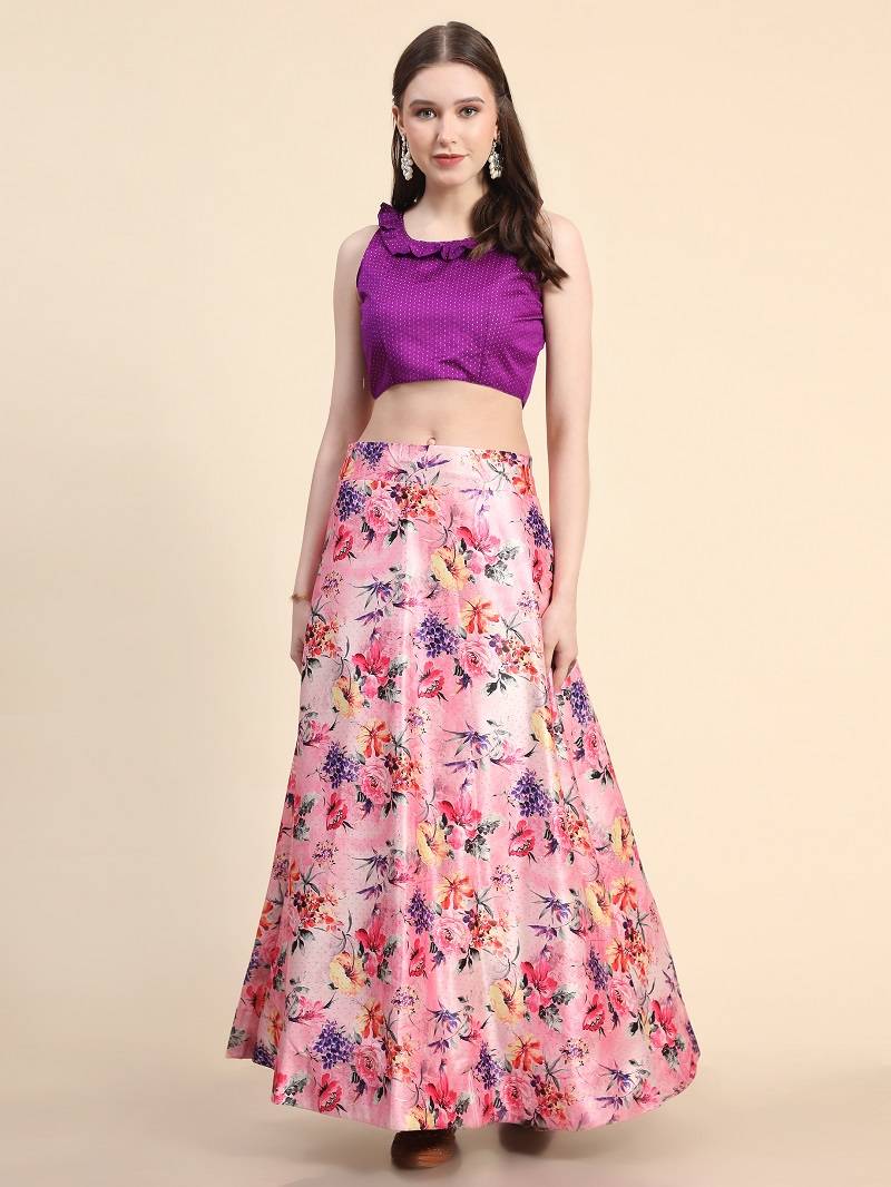 Purple Digital Printed Satin Silk Lehenga Choli Set With Dupatta