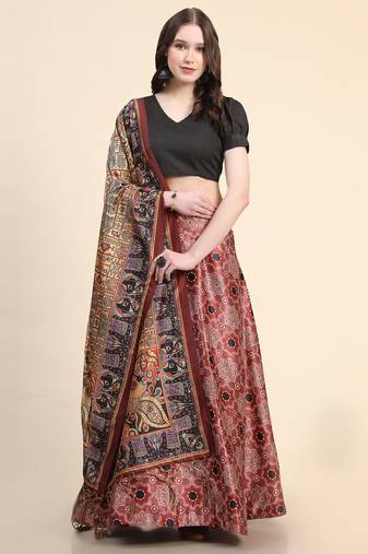 Maroon Semi-Stitcehd Lehenga Choli Set With Dupatta