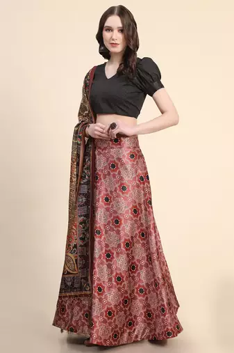 Maroon Semi-Stitcehd Lehenga Choli Set With Dupatta