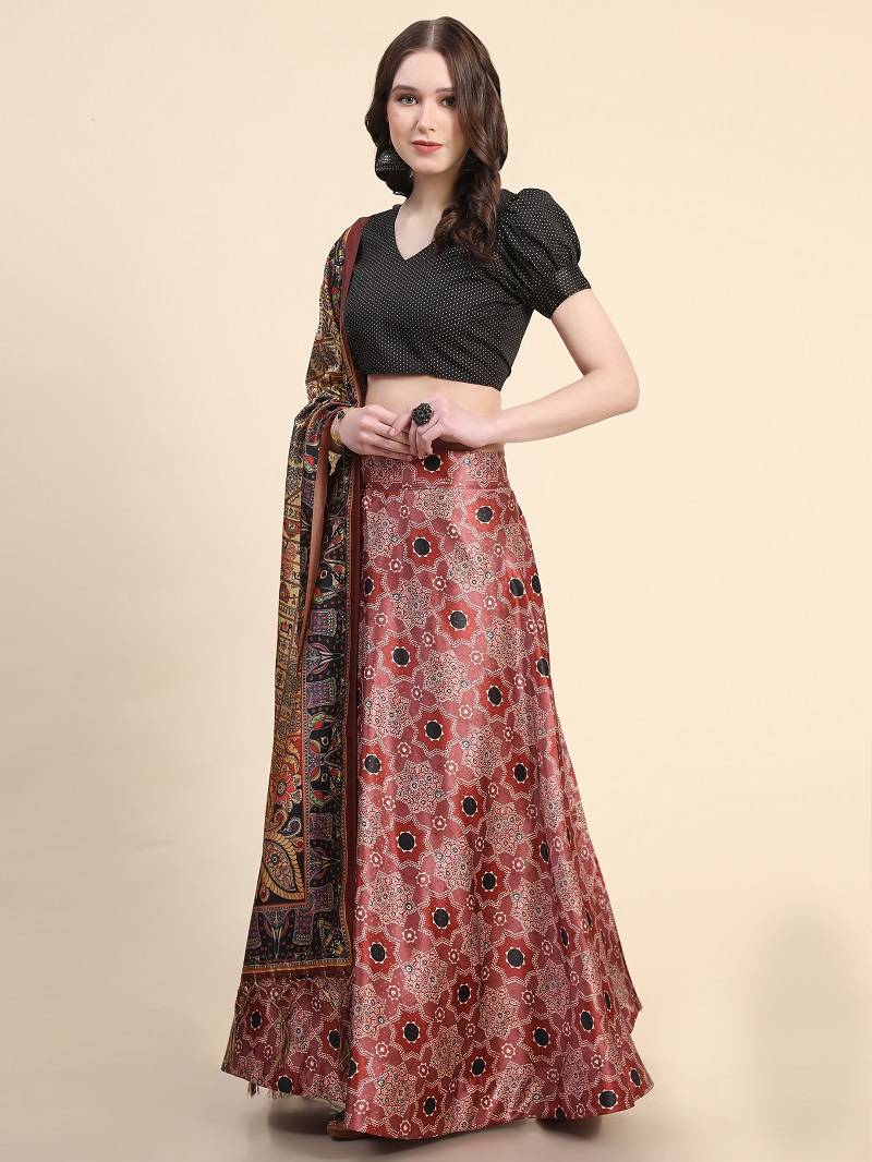 Maroon Semi-Stitcehd Lehenga Choli Set With Dupatta
