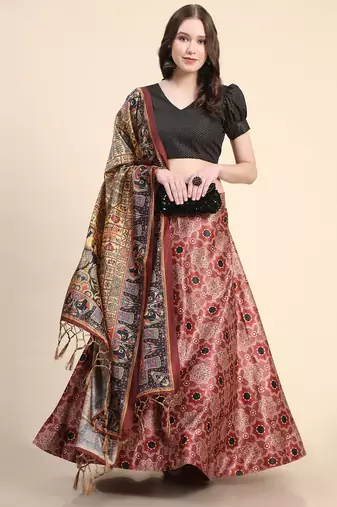 Maroon Semi-Stitcehd Lehenga Choli Set With Dupatta