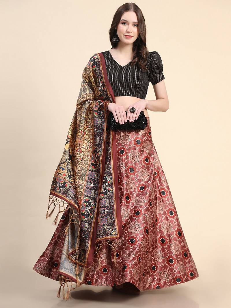 Maroon Semi-Stitcehd Lehenga Choli Set With Dupatta