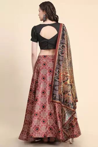 Maroon Semi-Stitcehd Lehenga Choli Set With Dupatta