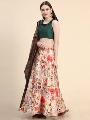Cream Satin Silk Lehenga Choli Set With Dupatta 2