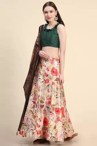 Cream Satin Silk Lehenga Choli Set With Dupatta