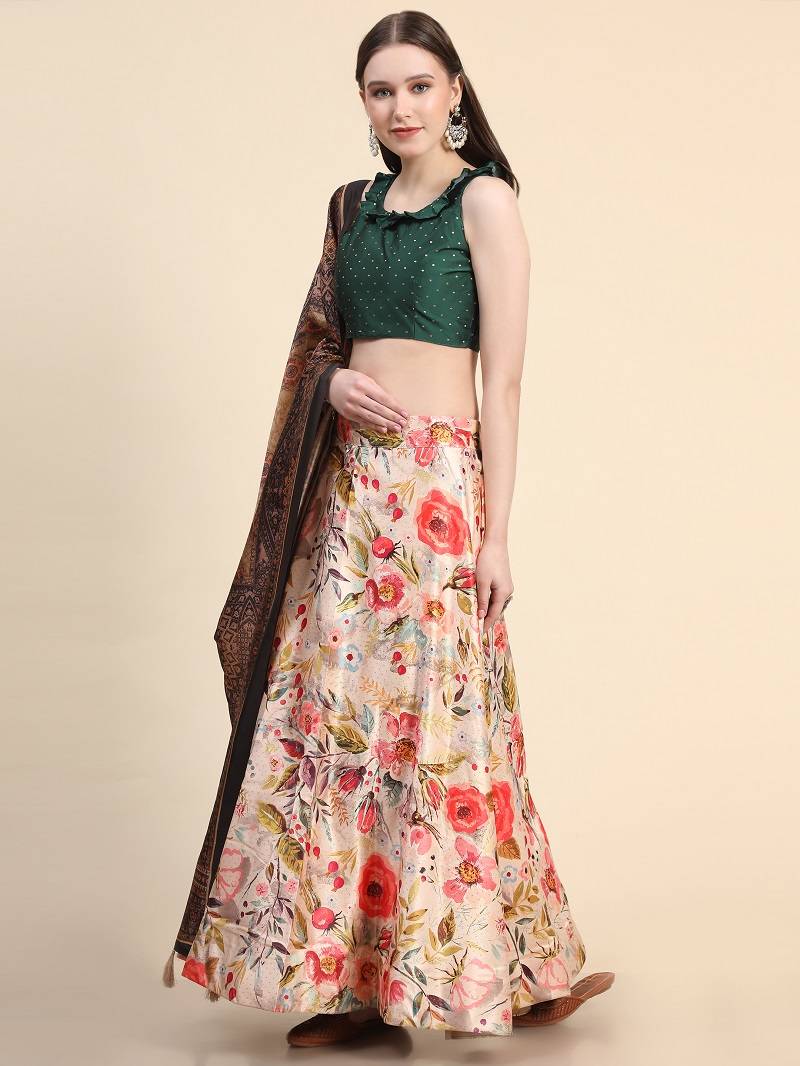 Cream Satin Silk Lehenga Choli Set With Dupatta