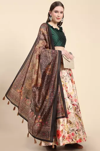 Cream Satin Silk Lehenga Choli Set With Dupatta