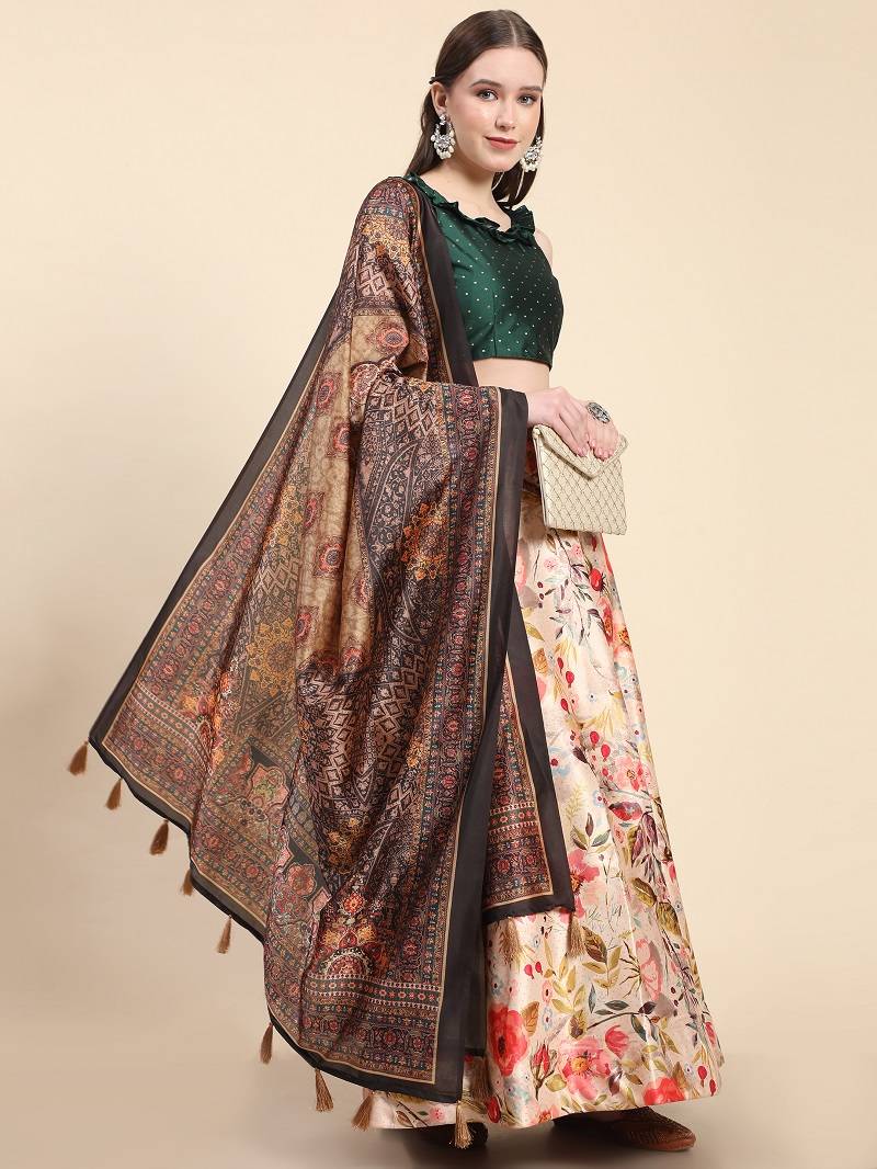 Cream Satin Silk Lehenga Choli Set With Dupatta