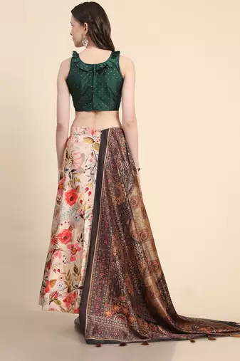Cream Satin Silk Lehenga Choli Set With Dupatta